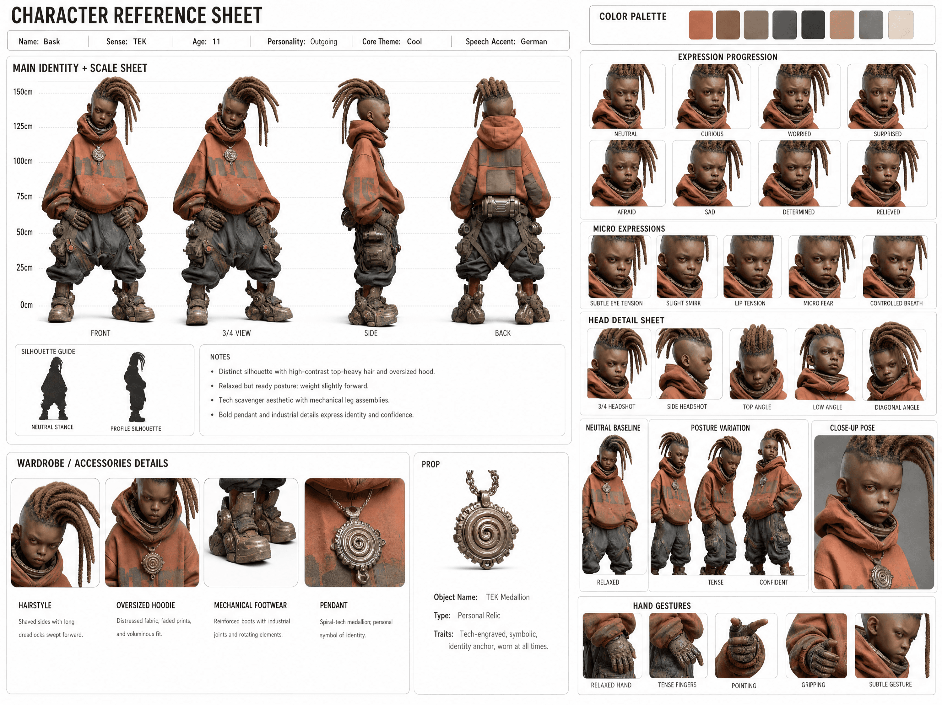 Character Reference Sheet mit Ansichten, Ausdrücken und Detail-Callouts