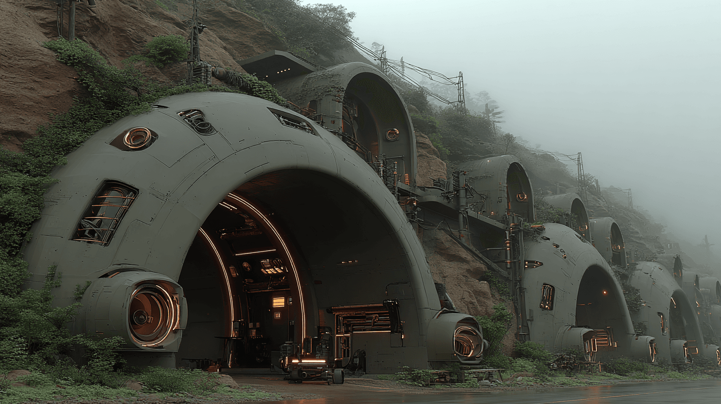 Cyberpunk-Werkstatt, in den Fels gehauene Tunnel im Nebel